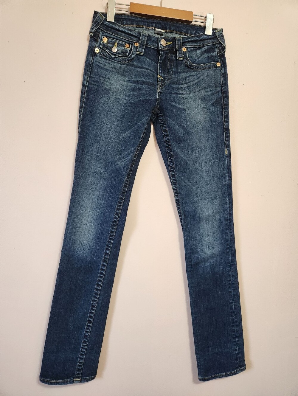 True Religion Slim Straight Flap Pocket Jeans Dark Wash 28 Y2K McBling Western